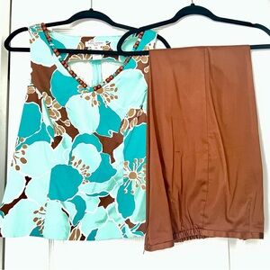 Floral Sleeveless Top and Brown Pant Set